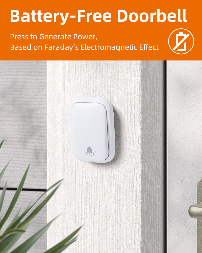 KIMROG Battery-Free Wireless Doorbell,No Batteries Needed (White) - SWD01